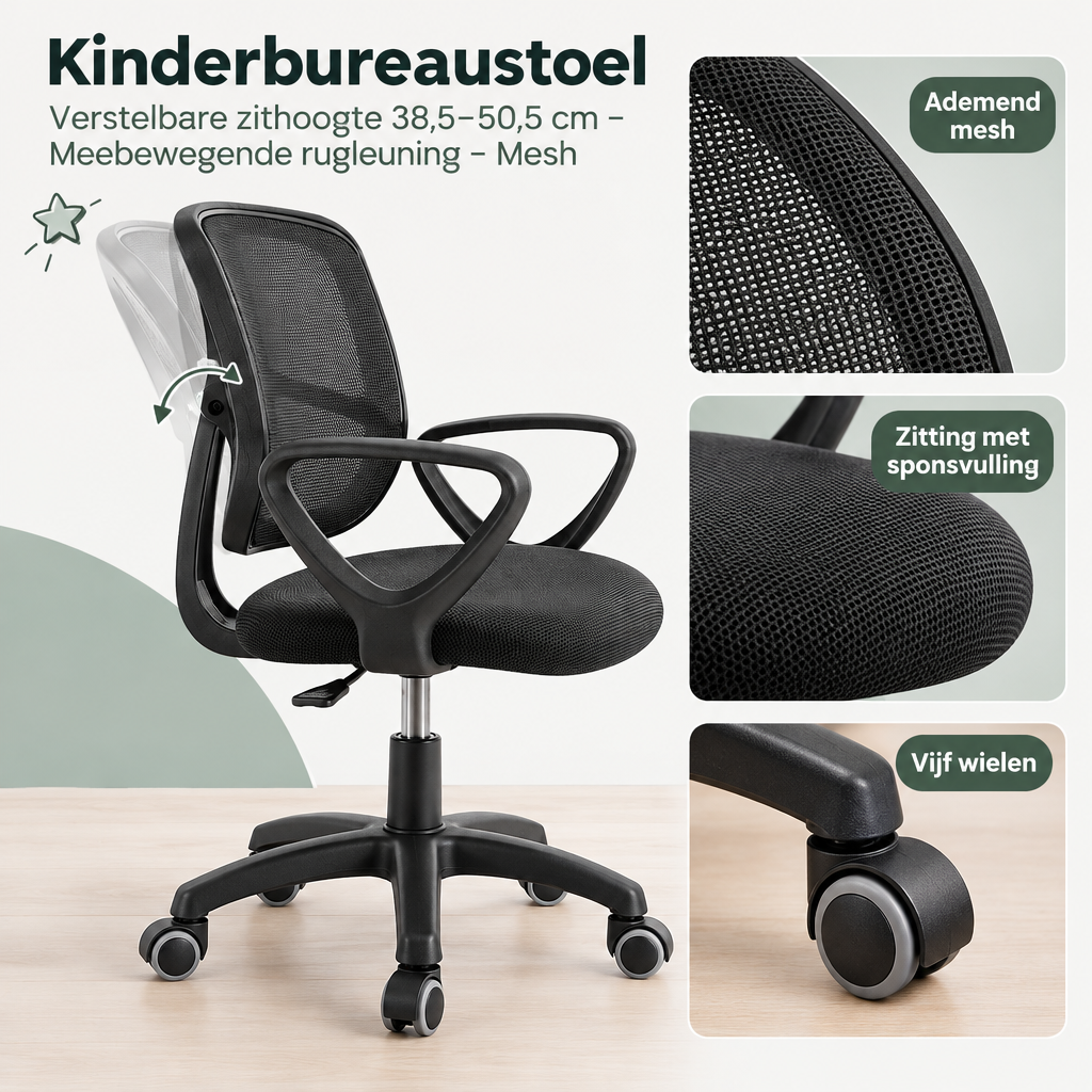 Detail van materiaal en afwerking van kinderbureaustoel
