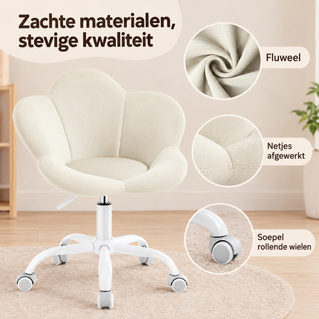 Detail van materiaal en afwerking van kinderbureaustoel fluweel