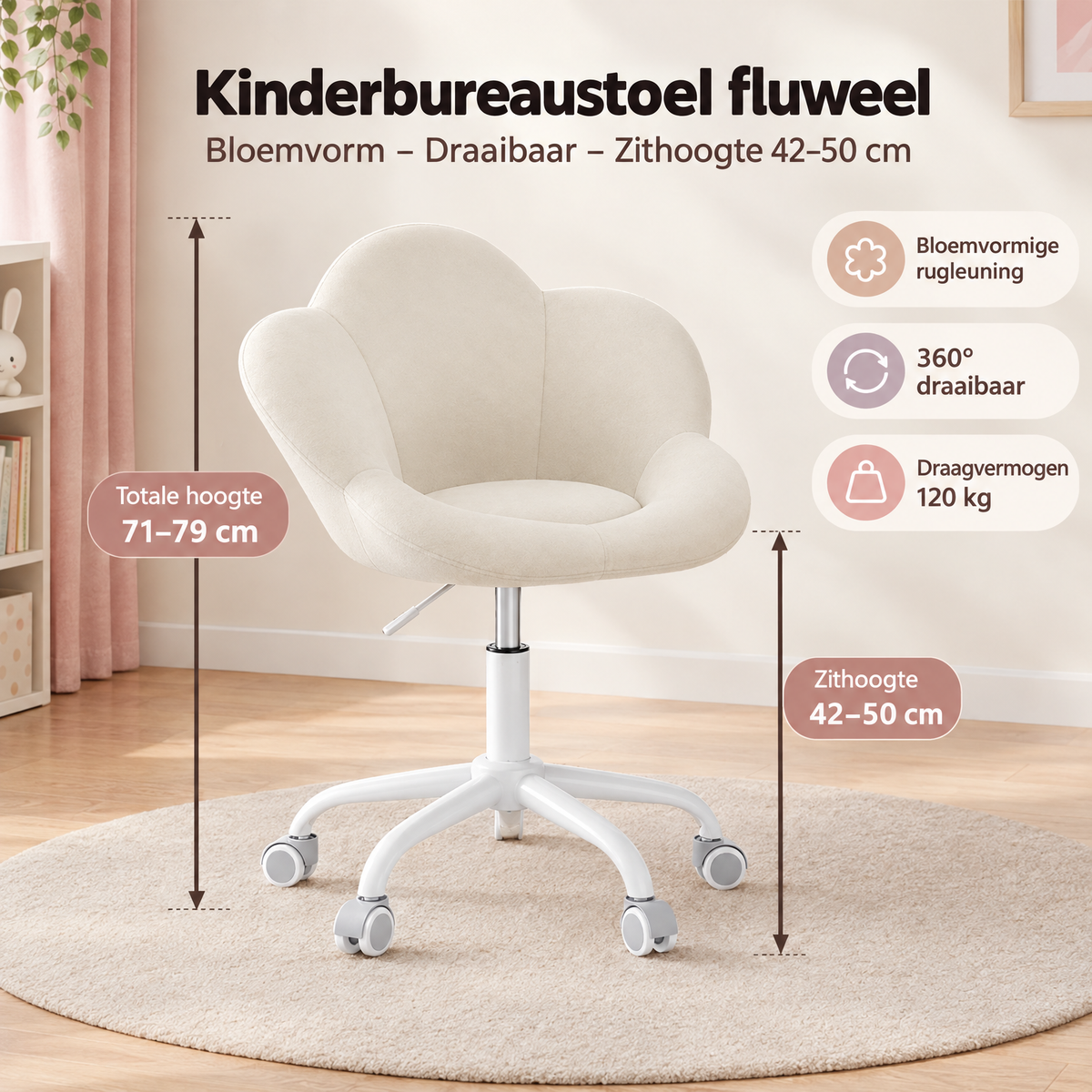 Afmetingen en productspecificaties van kinderbureaustoel fluweel