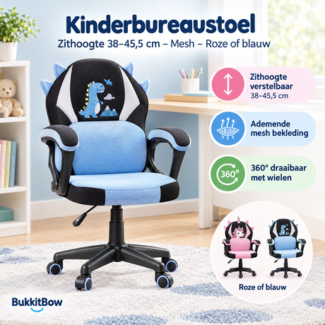 Kinderbureaustoel van BukkitBow met meshzitting, in roze of blauw, zithoogte 38-45,5 cm, geschikt voor kinderen.