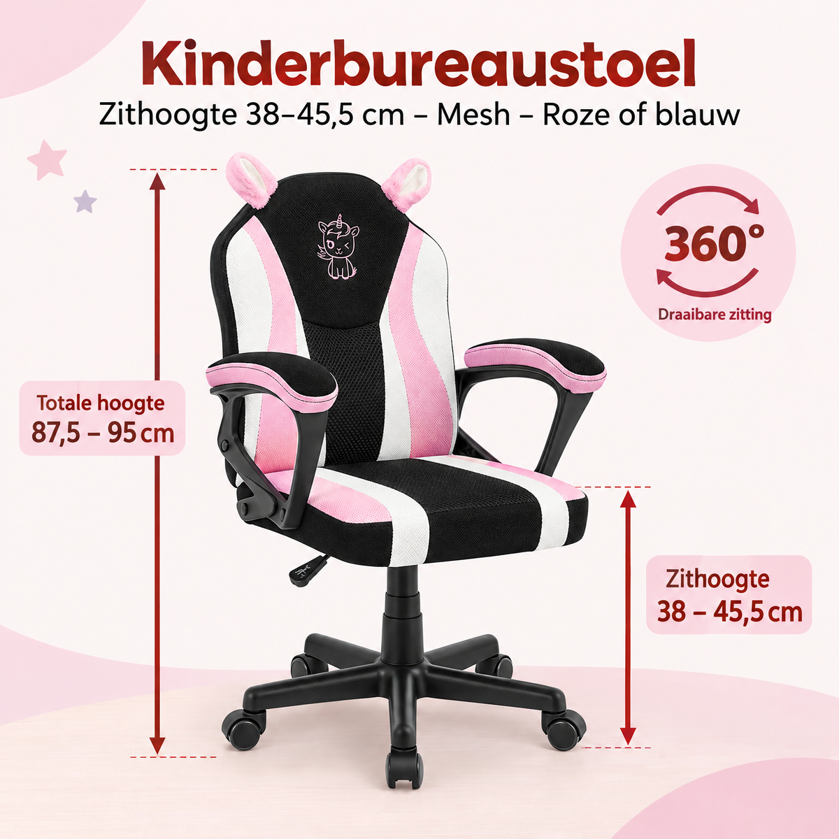 Kinderbureaustoel van BukkitBow met mesh, verstelbare zithoogte 38-45,5 cm, in roze of blauw, geschikt voor kinderen.