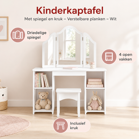 Kinderkaptafel van BukkitBow met spiegel, kruk en verstelbare planken, in wit, geschikt voor kinderen.
