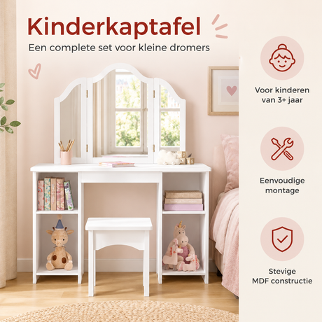 Kinderkaptafel van BukkitBow met spiegel, kruk en verstelbare planken, wit, ideaal voor kinderen.