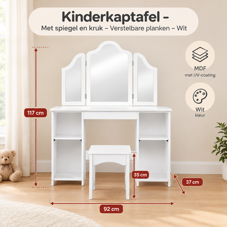 Kinderkaptafel van BukkitBow met spiegel, kruk en verstelbare planken in wit, geschikt voor kinderen.