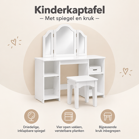 Kinderkaptafel van BukkitBow met spiegel, kruk en verstelbare planken, witte kindermeubels voor spel en verzorging