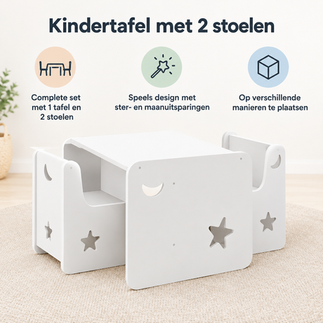 Witte kindertafel met twee stoelen van BukkitBow, multifunctioneel en kindvriendelijk, met ster- en maanuitsparingen.