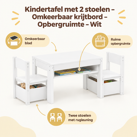 Witte kindertafel met 2 stoelen en omkeerbaar krijtbord, opbergruimte, geschikt voor kinderen, van BukkitBow