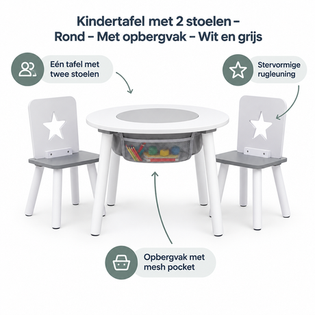 Witte en grijze kindertafel met 2 stoelen en opbergvak, BukkitBow kindertafel- en stoelenset, geschikt voor kinderen.