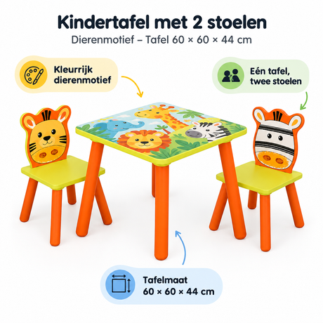 Kindertafel met 2 stoelen van BukkitBow, dierenmotief, afmetingen 60x60x44 cm, geschikt voor kinderen, vrolijk en functioneel.