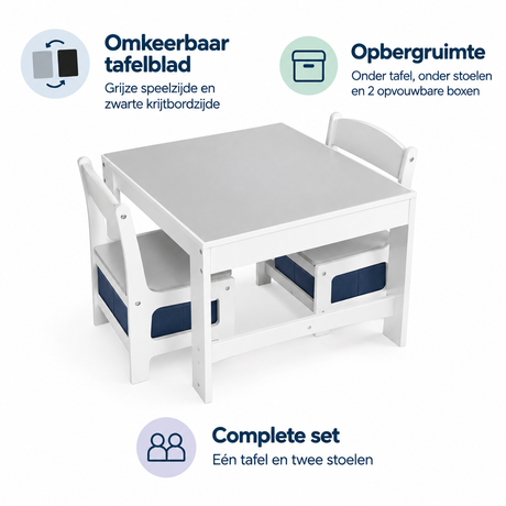 Kinder tafelset met 2 stoelen van BukkitBow, omkeerbaar krijtbord en opbergruimte voor creatieve speelactiviteiten.
