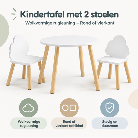 BukkitBow kindertafel met 2 stoelen, rond en vierkant, met wolkvormige rugleuning, geschikt voor jonge kinderen.