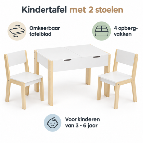 Witte kinder tafel met 2 stoelen, omkeerbaar tafelblad en 4 opbergvakken, licht eiken accenten, van BukkitBow.