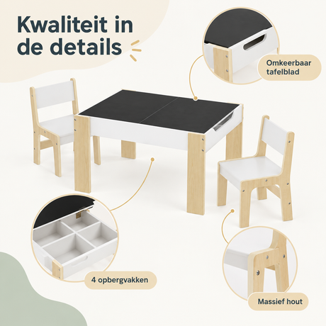 Witte kindertafel met 2 stoelen, omkeerbaar tafelblad, 4 opbergvakken en licht eiken details van BukkitBow.