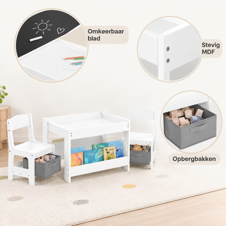 Witte kindertafel met 2 stoelen en omkeerbaar krijtbord, inclusief opbergruimte, van BukkitBow, geschikt voor kinderen.