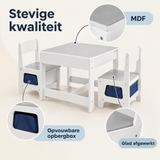 Detail van materiaal en afwerking van kindertafel met 2 stoelen