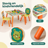 Detail van materiaal en afwerking van kindertafel met 2 stoelen
