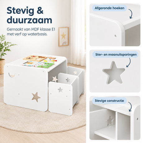Witte kindertafel met twee stoelen van BukkitBow, multifunctioneel en kindvriendelijk met ster- en maanuitsparingen.