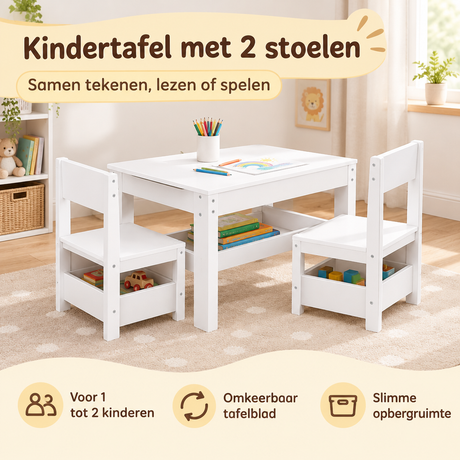 Witte kindertafel met twee stoelen en omkeerbaar krijtbord, inclusief opbergruimte, van BukkitBow, ideaal voor kinderen.