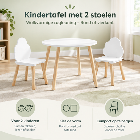Kinder tafel met twee stoelen en wolkvormige rugleuning, rond of vierkant, van BukkitBow voor jonge kinderen.