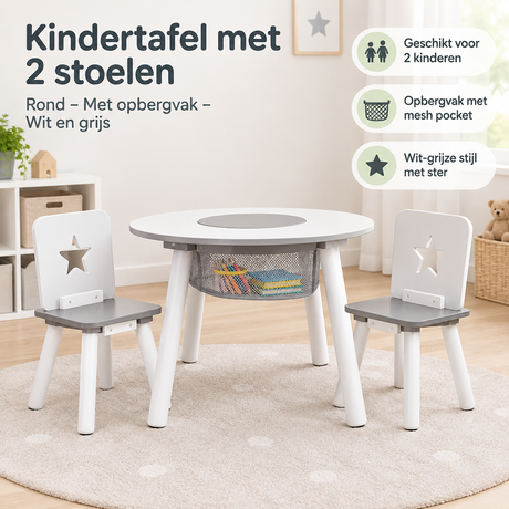 Witte en grijze kindertafel met twee stoelen en opbergvak, rond formaat, door BukkitBow, geschikt voor kinderen.