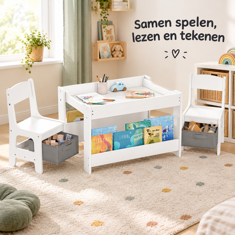 Witte kindertafel met 2 stoelen en omkeerbaar krijtbord, inclusief opbergruimte, geschikt voor kinderen, van BukkitBow