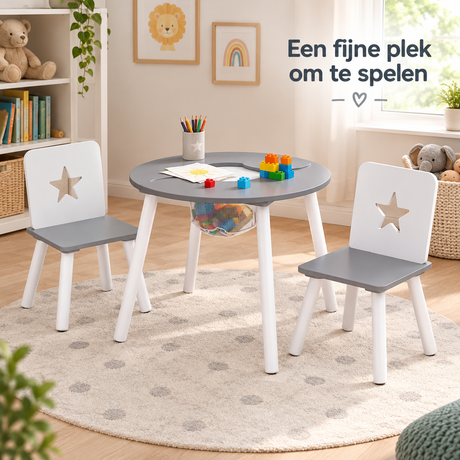 Witte en grijze kindertafel met twee stoelen en opbergvak, geschikt voor kinderen, van BukkitBow, rond ontwerp, geschikt voor speel- en eetruimte