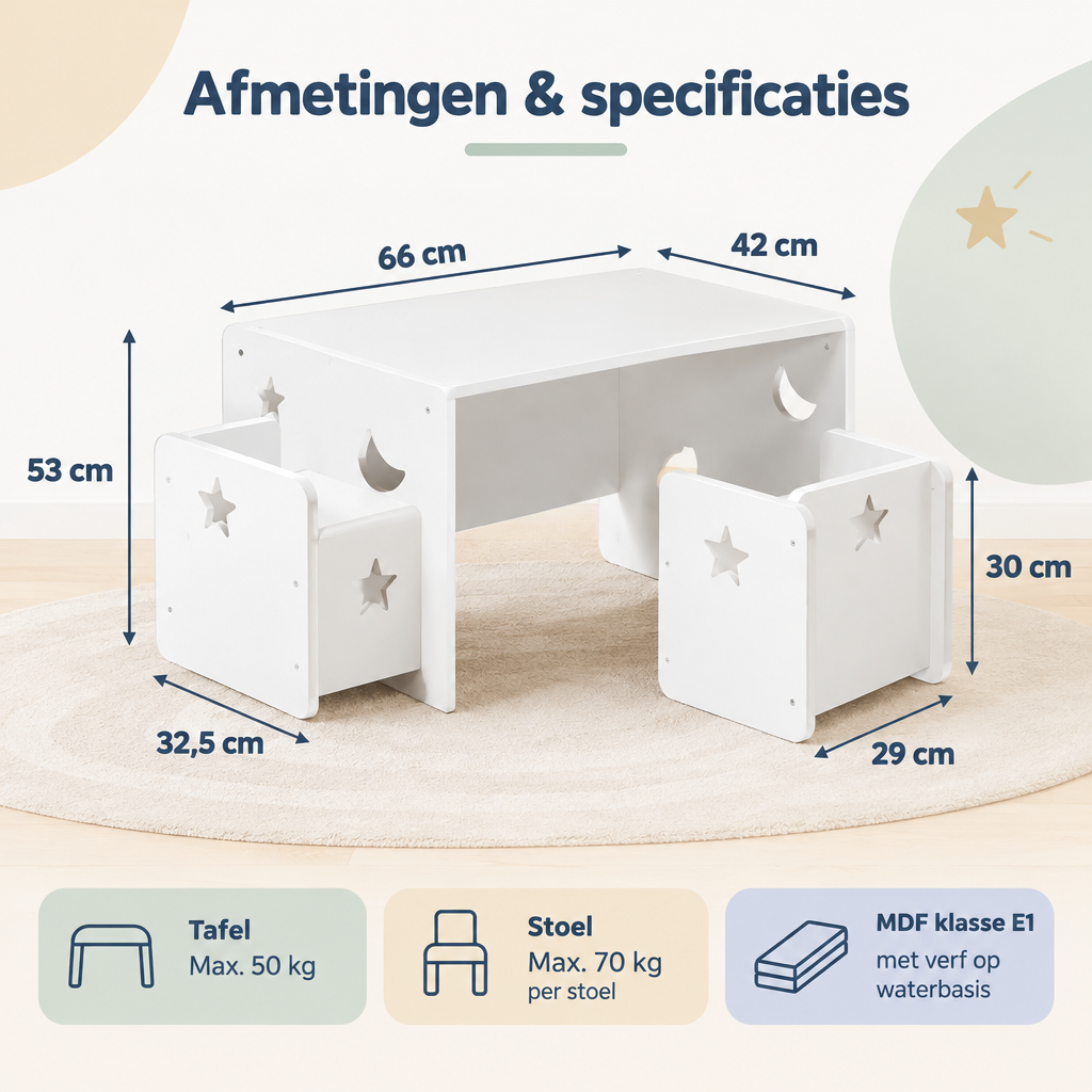 Afmetingen en productspecificaties van kindertafel met 2 stoelen