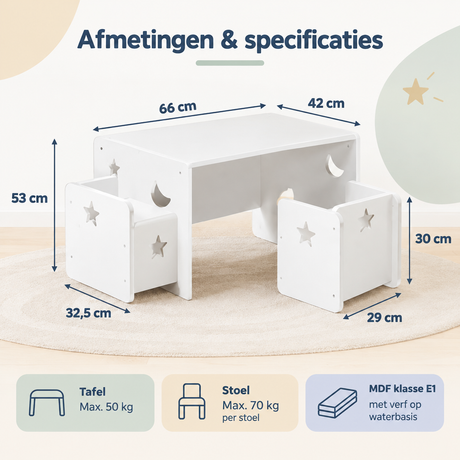 Witte kindertafel met 2 stoelen van BukkitBow, multifunctioneel, geschikt voor kinderen, met ster- en handbesparingen