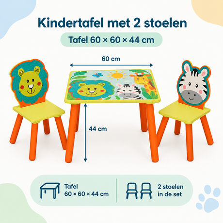 Kinder tafel met 2 stoelen en dierenmotief, afmetingen 60x60x44 cm, geschikt voor jonge kinderen, van BukkitBow.
