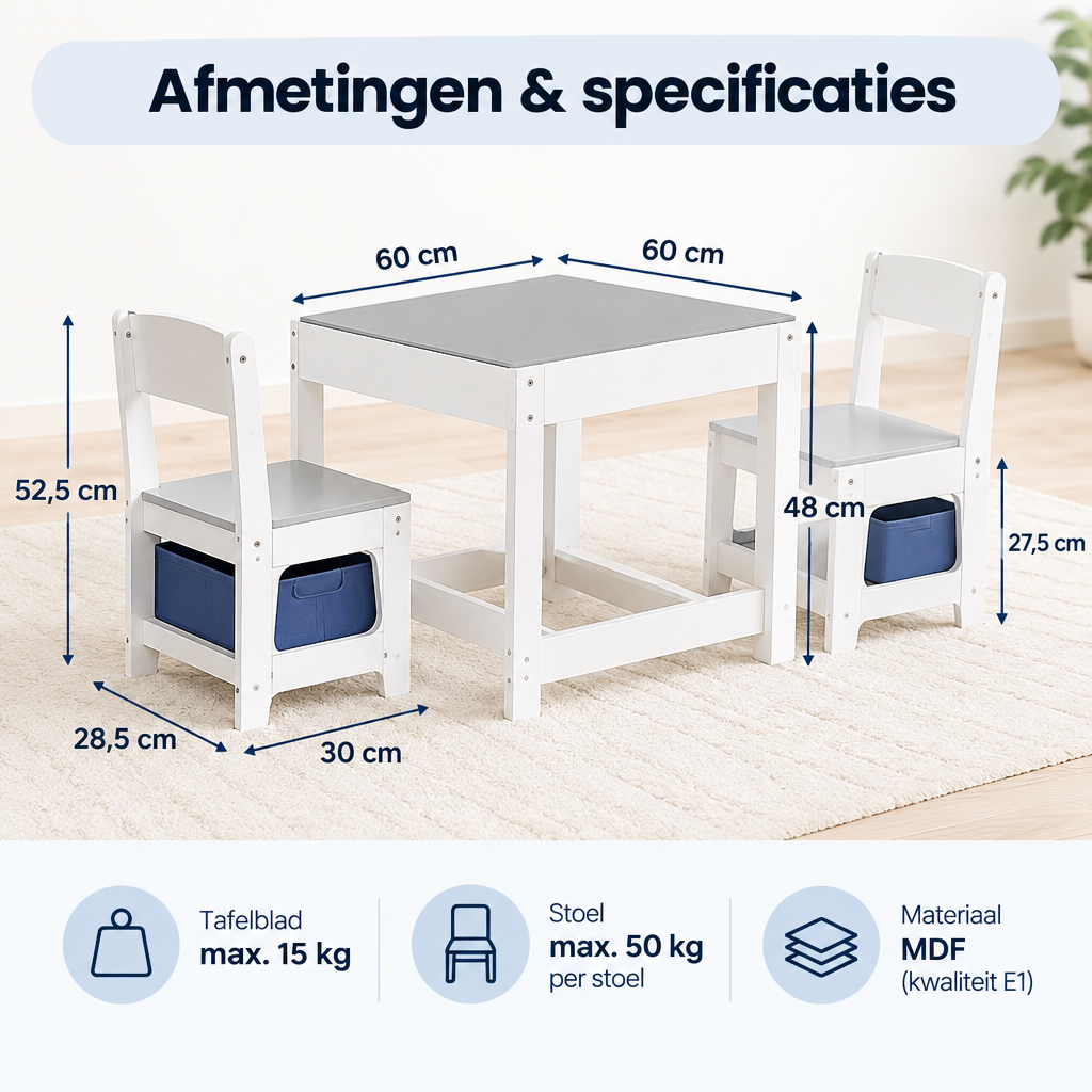 Afmetingen en productspecificaties van kindertafel met 2 stoelen