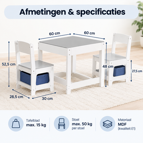 BukkitBow kindertafelset met 2 stoelen, omkeerbaar krijtbord en opbergruimte voor kinderen, geschikt voor speelhoek of studie.