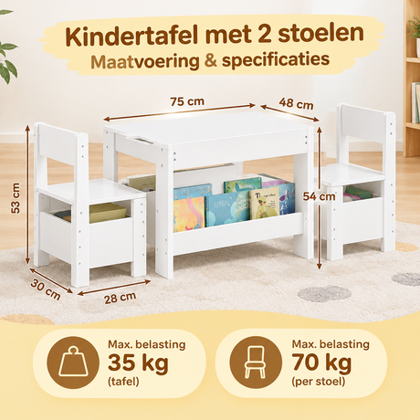 Witte kindertafel met 2 stoelen en omkeerbaar krijtbord, opbergruimte, door BukkitBow, geschikt voor kinderen.