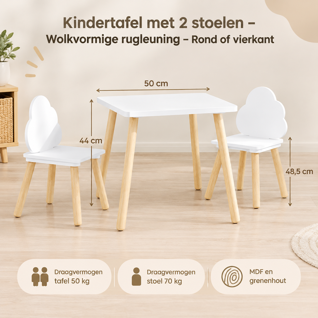 Afmetingen en productspecificaties van kindertafel met 2 stoelen
