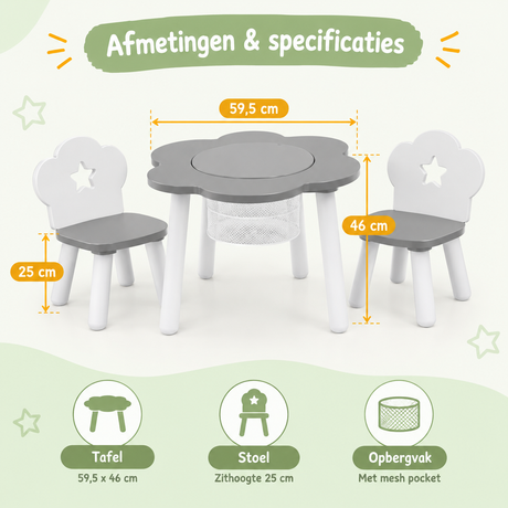 Witte en grijze kindertafel met twee stoelen en opbergvak, geschikt voor kinderen, van BukkitBow, rond vorm.