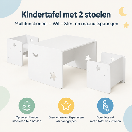 Witte kindertafel met 2 stoelen van BukkitBow, multifunctioneel en ideaal voor kinderen, met ster- en maanuitsparingen.