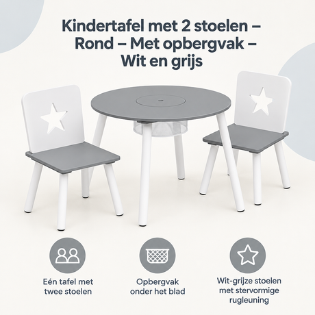 Witte en grijze kindertafel met twee stoelen en opbergvak, geschikt voor kinderen, van BukkitBow, rond ontwerp.