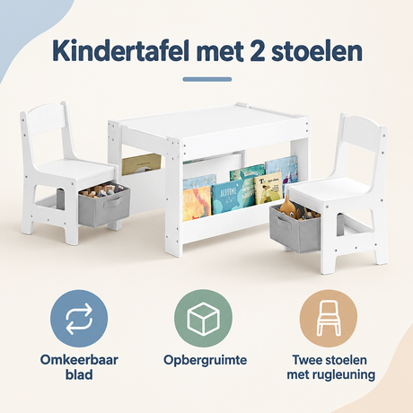 Witte kindertafel met 2 stoelen, omkeerbaar krijtbord en opbergruimte, geschikt voor kinderen, door BukkitBow