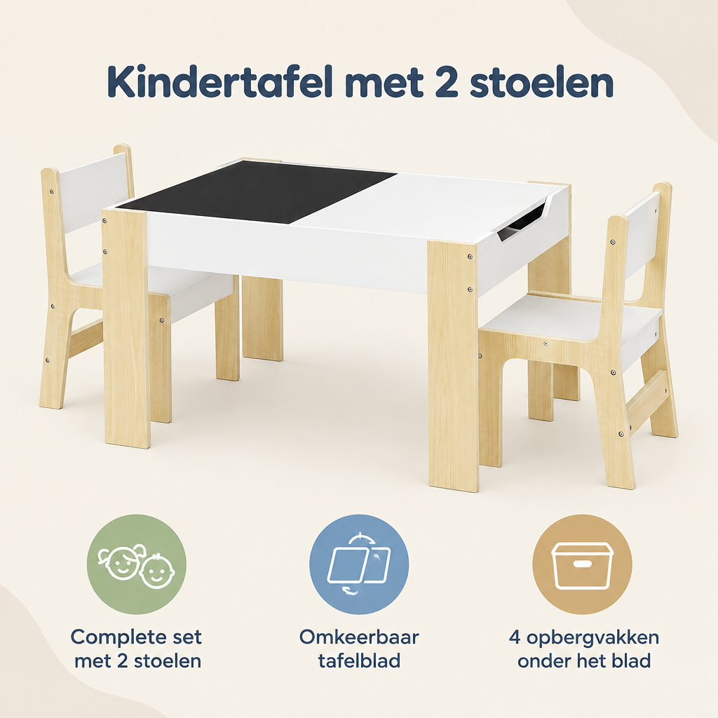 Overzicht van kindertafel met 2 stoelen met de belangrijkste productvoordelen