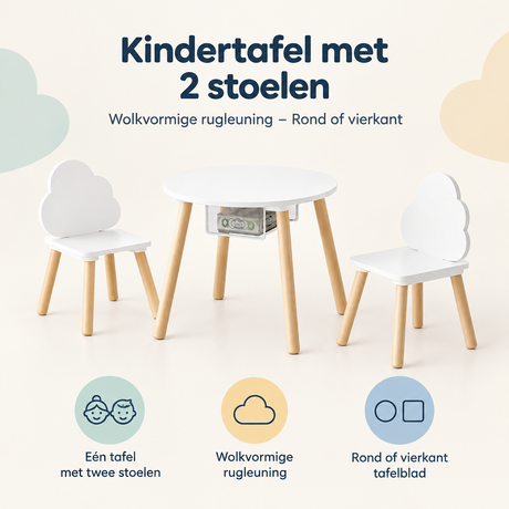 Kinder tafel met 2 stoelen van BukkitBow, ronde of vierkante vorm, met wolkvormige rugleuning en kleurrijk design.