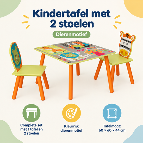 Kinder tafel met 2 stoelen in dierenmotief, BukkitBow, afmetingen 60x60x44 cm, geschikt voor kinderen.