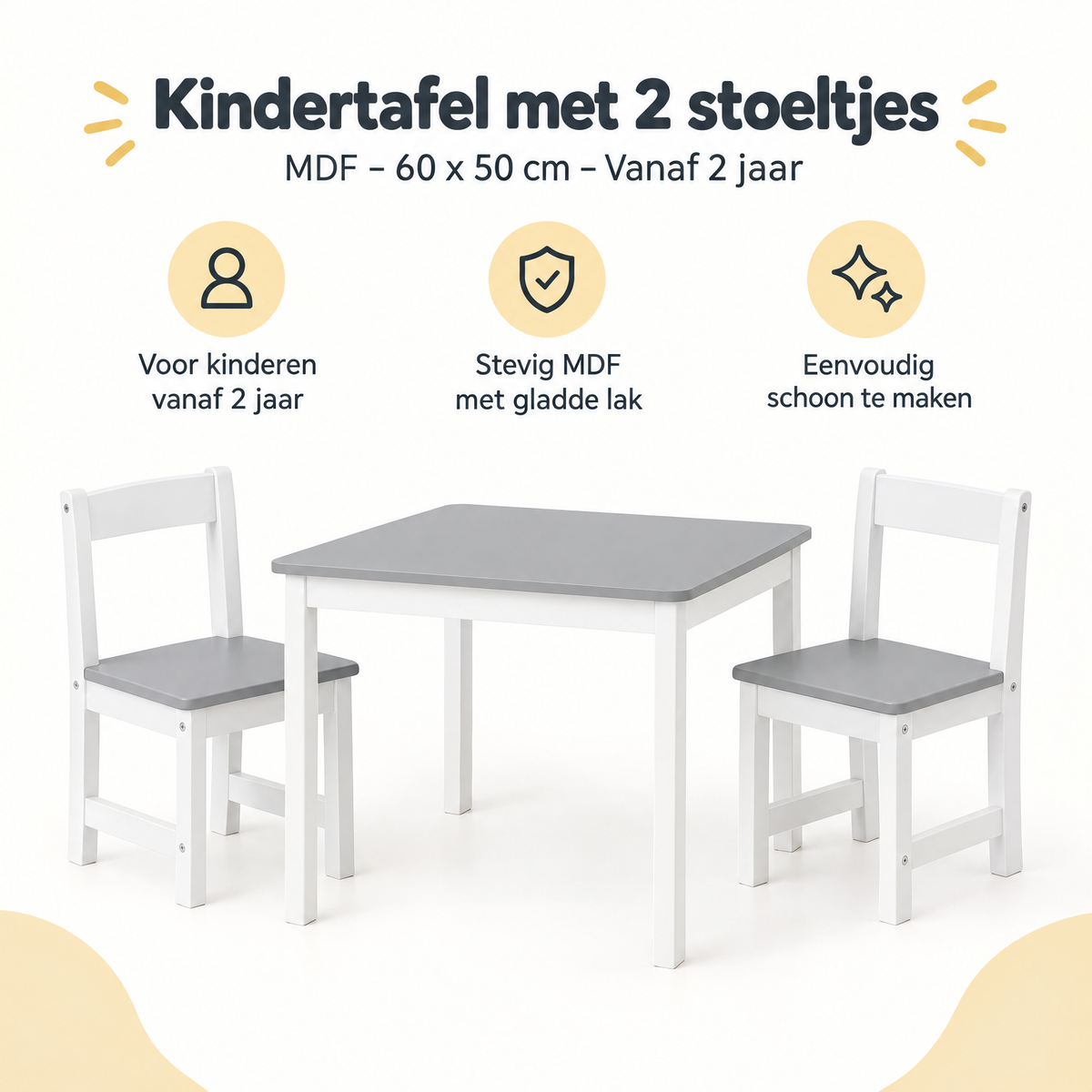 Kinder tafel met 2 stoeltjes van MDF, 60x50 cm, geschikt voor kinderen vanaf 2 jaar, door BukkitBow.