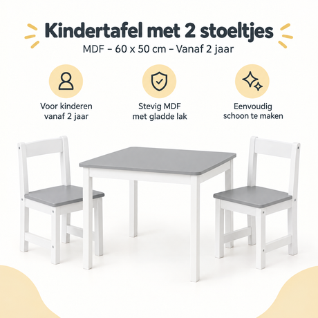 Kinder tafel met 2 stoeltjes van MDF, 60x50 cm, geschikt voor kinderen vanaf 2 jaar, door BukkitBow.