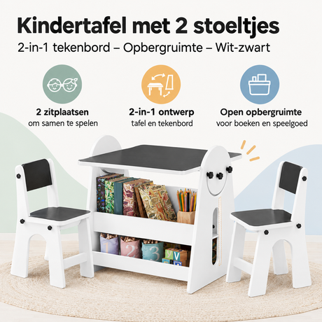 Witte en zwarte kindertafel met 2 stoeltjes, tekenbord en opbergruimte van BukkitBow, geschikt voor creatieve kinderactiviteiten.