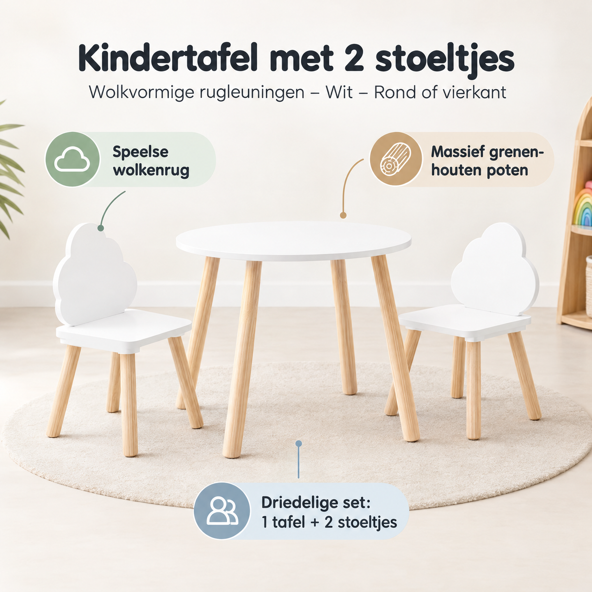 Witte kindertafel met twee stoeltjes en wolkvormige rugleuningen, geschikt voor rond of vierkant formaat, door BukkitBow