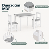 Kinder tafel met 2 stoeltjes van MDF, geschikt voor kinderen vanaf 2 jaar, met detail van materiaal en afmetingen.
