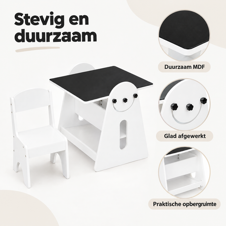 Witte en zwarte kindertafel met twee stoeltjes, 2-in-1 tekenbord en opbergruimte, geschikt voor kinderen, van BukkitBow