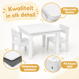 Witte kindertafelset met 2 stoeltjes en omkeerbaar krijtbordblad van BukkitBow, inclusief opbergruimte voor kinderen.