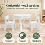 Witte kindertafelset met 2 stoeltjes, omkeerbaar krijtbordblad en opbergruimte, voor kinderen, van BukkitBow