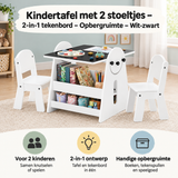 Witte en zwarte kindertafel met 2 stoeltjes, tekenbord en opbergruimte, gemaakt door BukkitBow voor jonge kinderen.