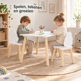 Witte kindertafel met 2 bijpassende stoeltjes en wolkvormige rugleuningen, rond of vierkant, voor kinderen, BukkitBow.
